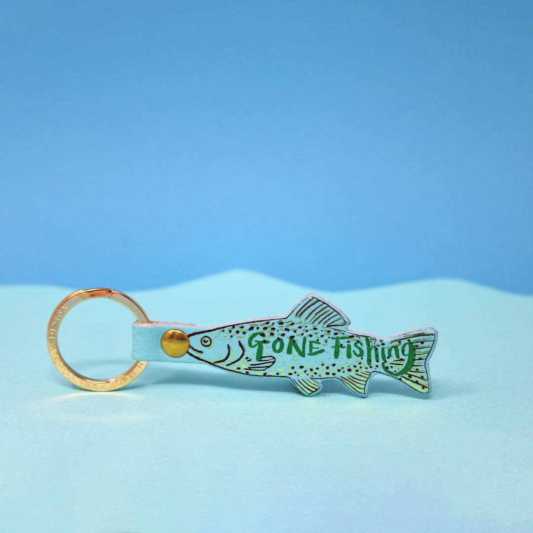 Gone Fishing Leather Keyring in Pale Blue