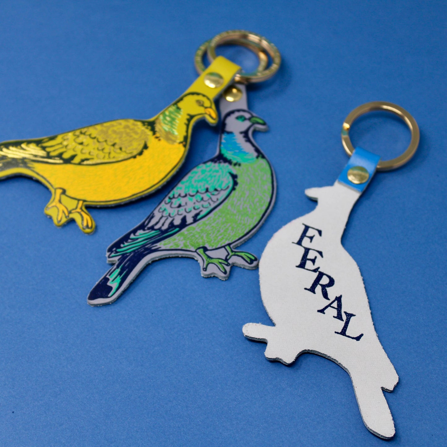 Feral Pigeon Leather Keyring in Cornflower Blue