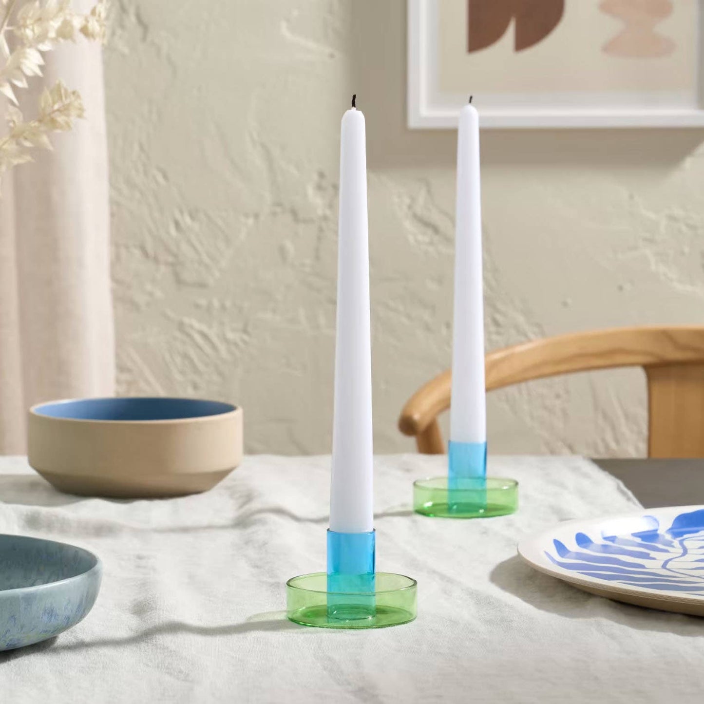 Duo Tone Glass Candle Holder in Green & Blue