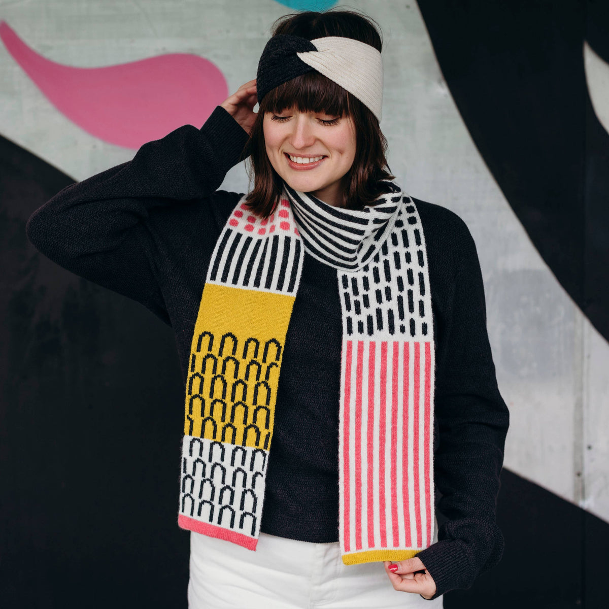Narrow Lambswool Scarf in Pink and Yellow