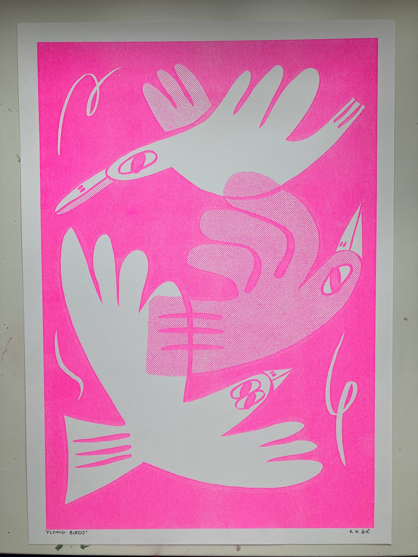 Pink Flying Birds A3 Risograph Art Print