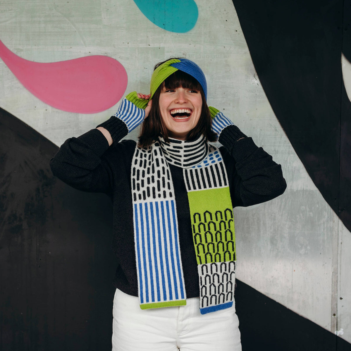 Narrow Lambswool Scarf in Blue and Green