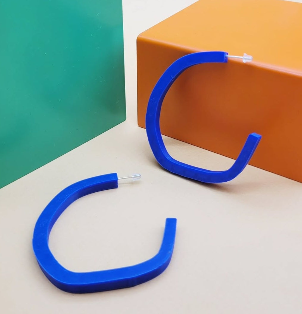 3D Printed Irregular Hoop Earrings in Cobalt Blue