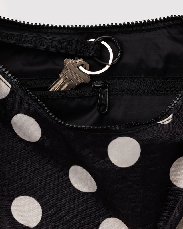 Baggu Medium Nylon Crescent Bag in Black & Cream Polka Dot