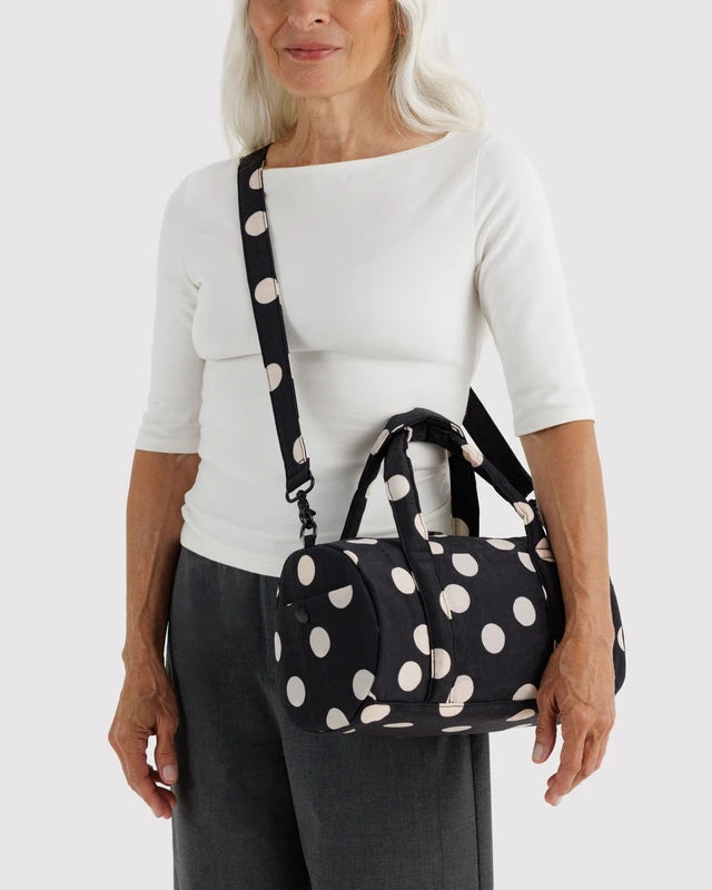 Baggu Nylon Duffle Bag in Black & Cream Polka Dot