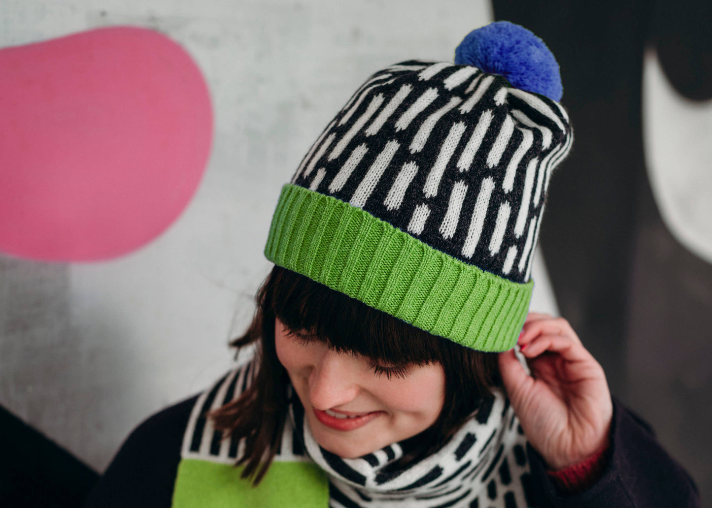 Lambswool Dash Patterned Hat in Green and Blue