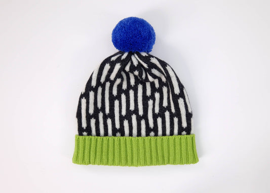 Lambswool Dash Patterned Hat in Green and Blue