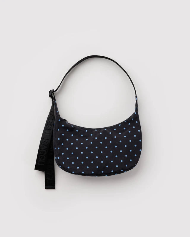 Baggu Small Nylon Crescent Bag in Black & Sky Blue Micro Dot