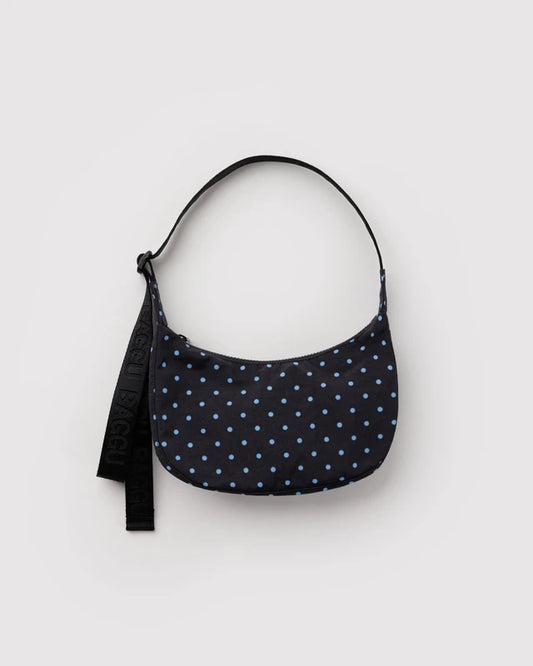 Baggu Small Nylon Crescent Bag in Black & Sky Blue Micro Dot