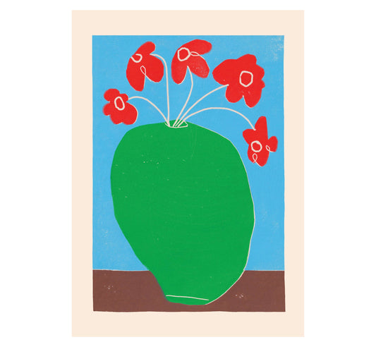 Red Flowers, Green Vase A3 Art Print