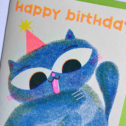Birthday Cat Riso Print Greetings Card