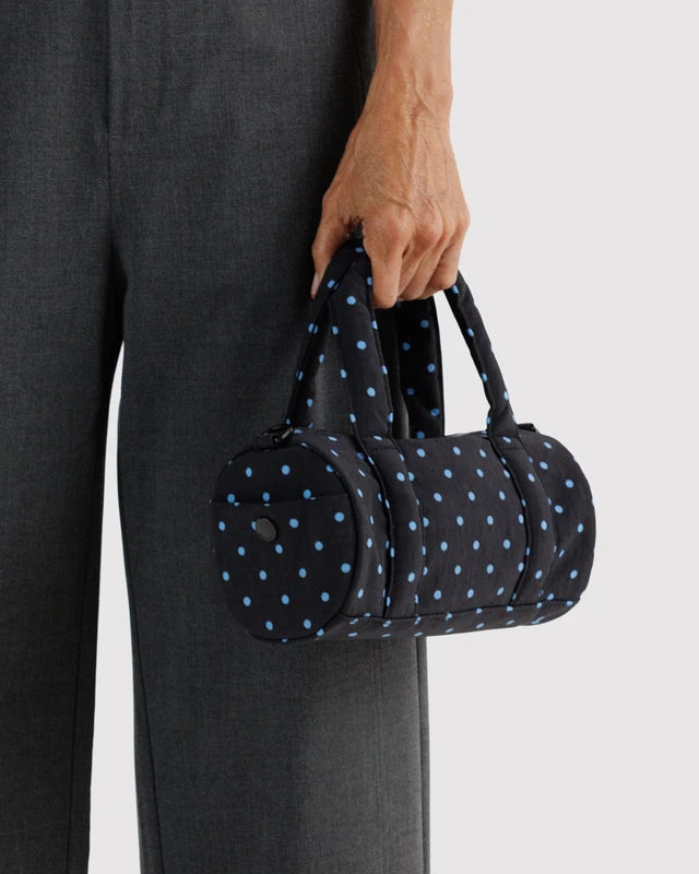 Baggu Small Nylon Duffle Bag in Black & Sky Blue Micro Dot