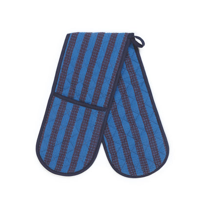 Cotton Double Oven Glove in Cobalt & Burgundy Stripe