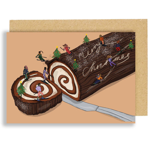 Skiing On The Yule Log Christmas Card