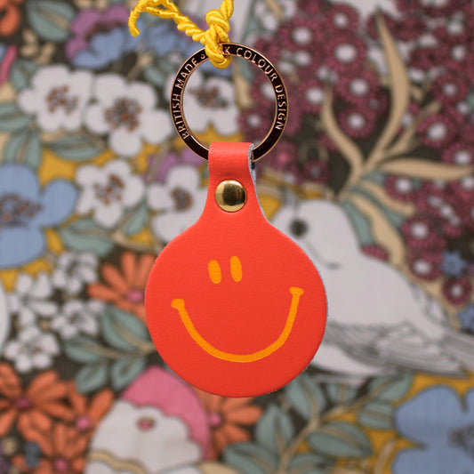 Smiley Face Leather Keyring in Coral