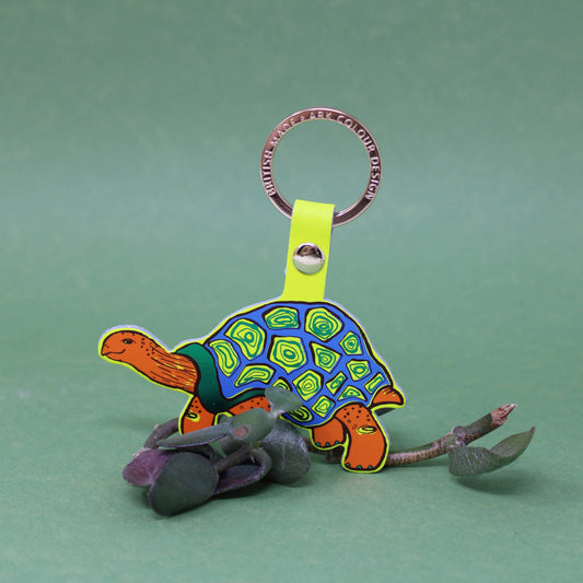 Easy Going Tortoise Leather Keyring in Neon Yellow