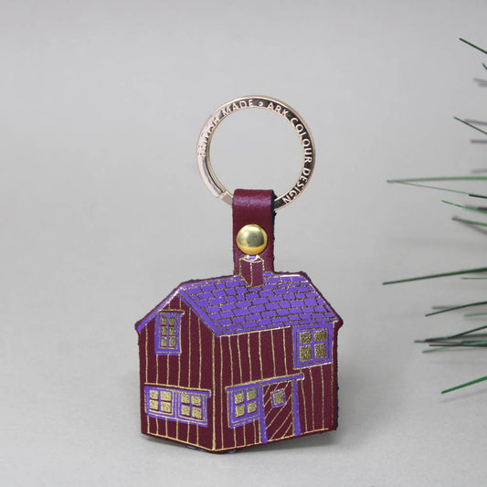 Log Cabin Leather Keyring in Dark Red