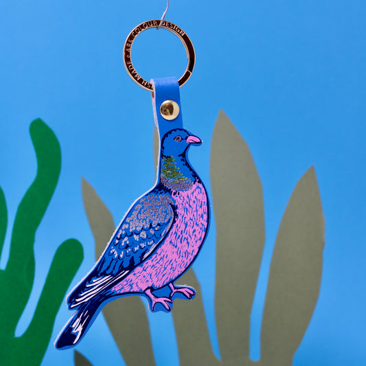 Feral Pigeon Leather Keyring in Cornflower Blue