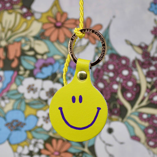 Smiley Face Leather Keyring in Acid Green