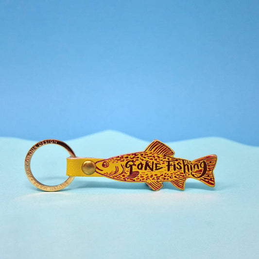 Gone Fishing Leather Keyring in Acid Green
