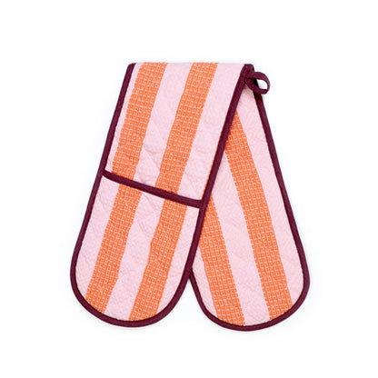 Cotton Double Oven Glove in Pink & Orange Stripe