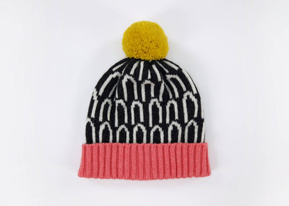 Lambswool Arch Patterned Hat in Pink and Yellow