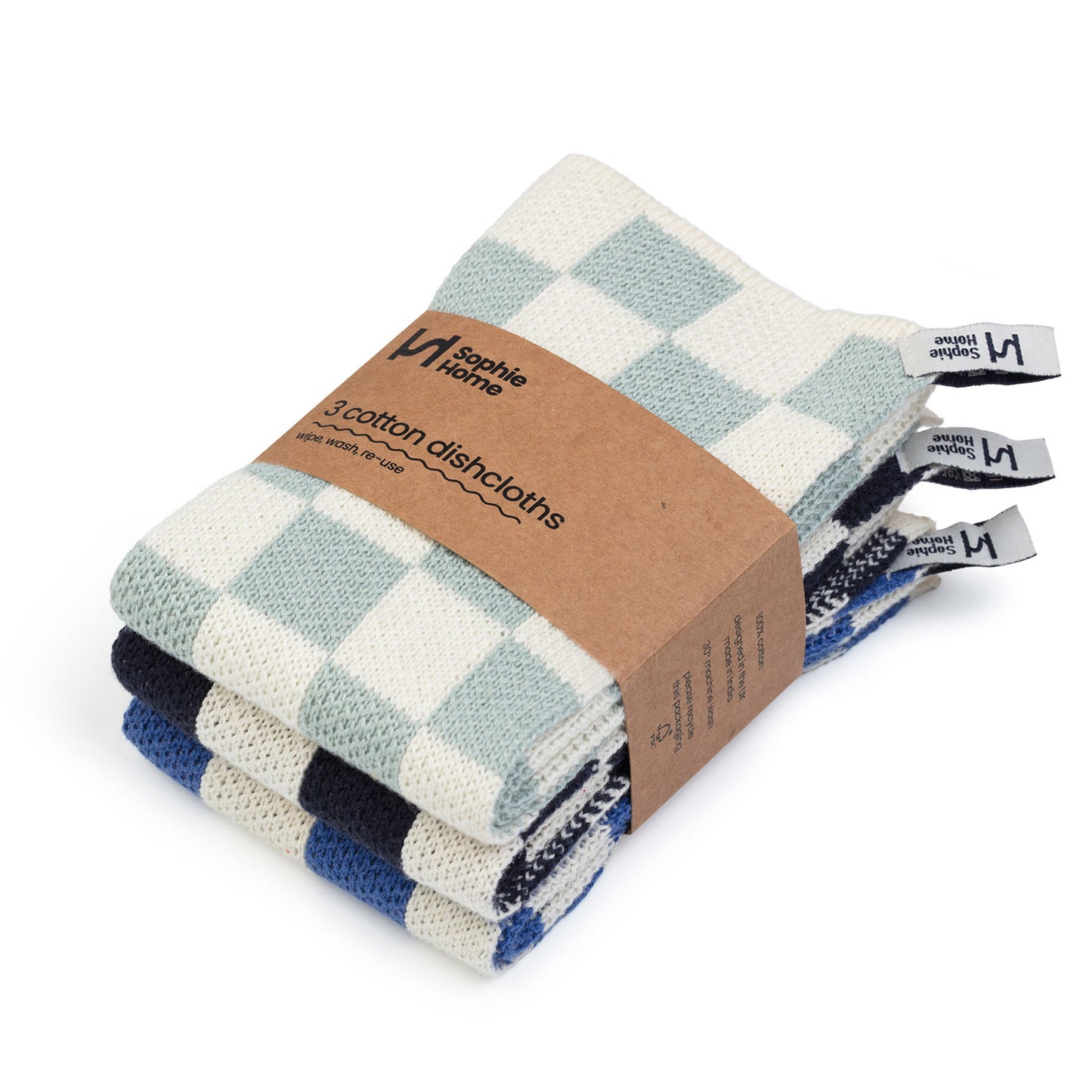 Reusable Cotton Knit Check Dishcloths Pack of 3 in Cobalt