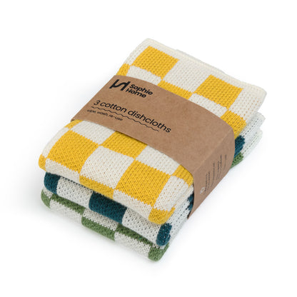 Reusable Cotton Knit Check Dishcloths Pack of 3 in Citrus