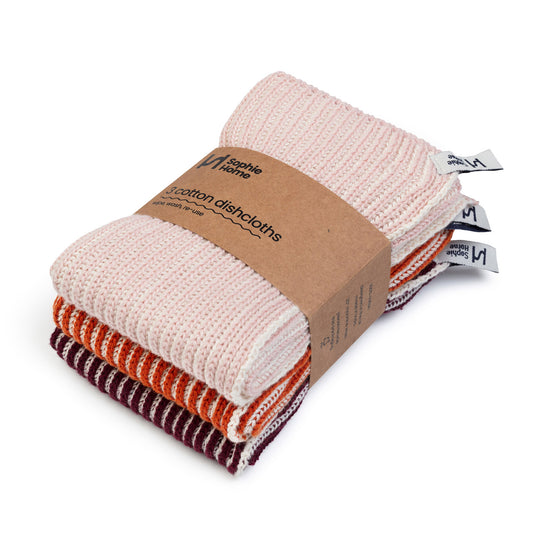 Reusable Cotton Knit Ribbed Dishcloths Pack of 3 in Orange