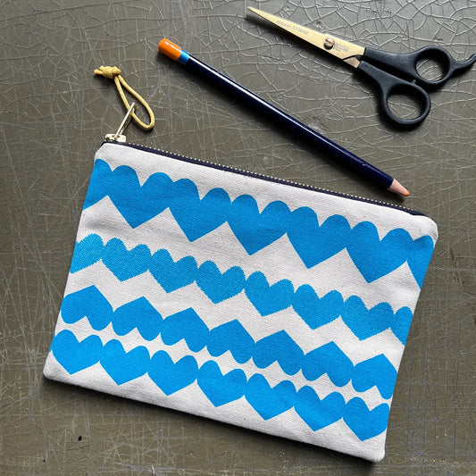 Hearts Screenprinted Cotton Pouch in Teal Blue
