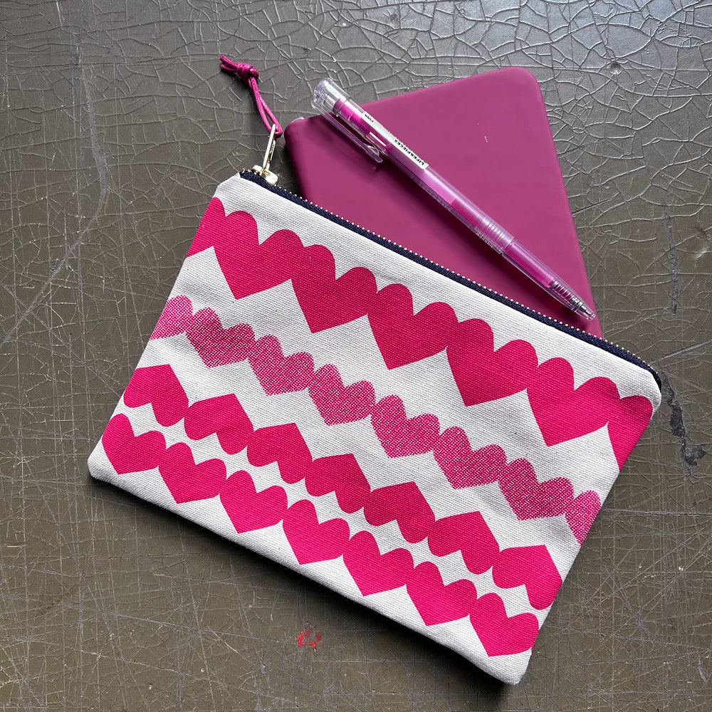 Hearts Screenprinted Cotton Pouch in Raspberry Red