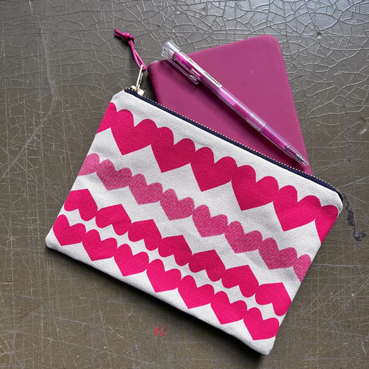 Hearts Screenprinted Cotton Pouch in Raspberry Red