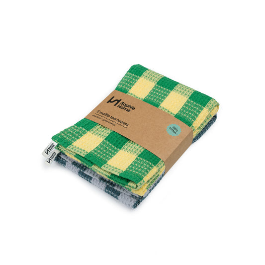 Cotton Waffle Tea Towels Pack of 2 in Checked Green