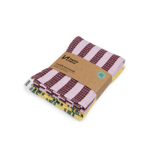 Cotton Waffle Tea Towels Pack of 2 in Striped Burgundy