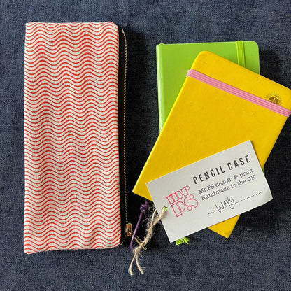 Wavy Slimline Screenprinted Pencil Case in Orange