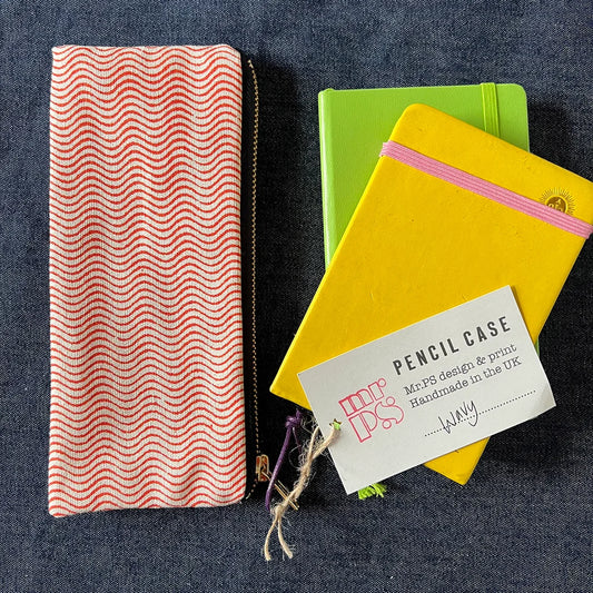 Wavy Slimline Screenprinted Pencil Case in Orange