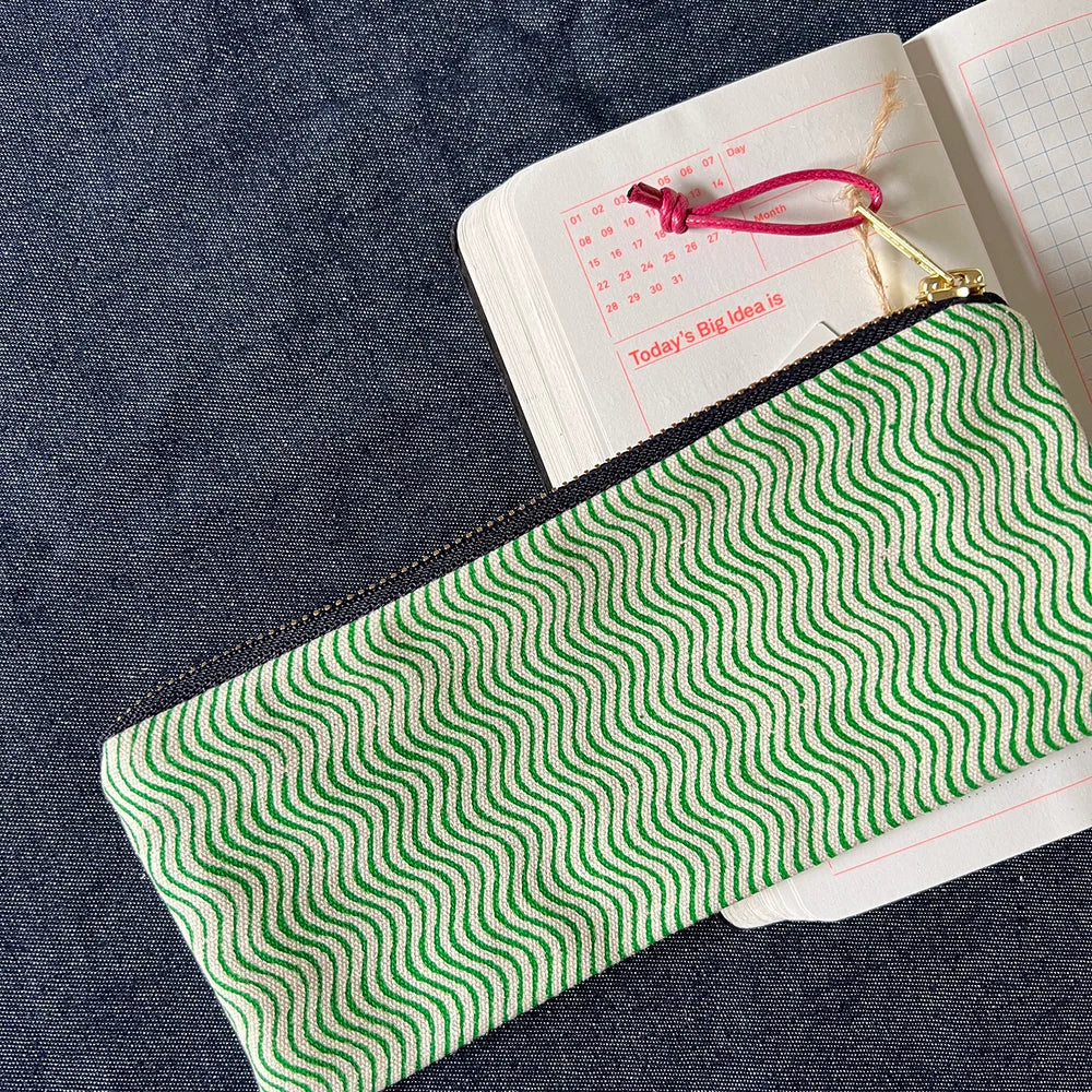 Wavy Slimline Screenprinted Pencil Case in Green