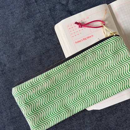 Wavy Slimline Screenprinted Pencil Case in Green