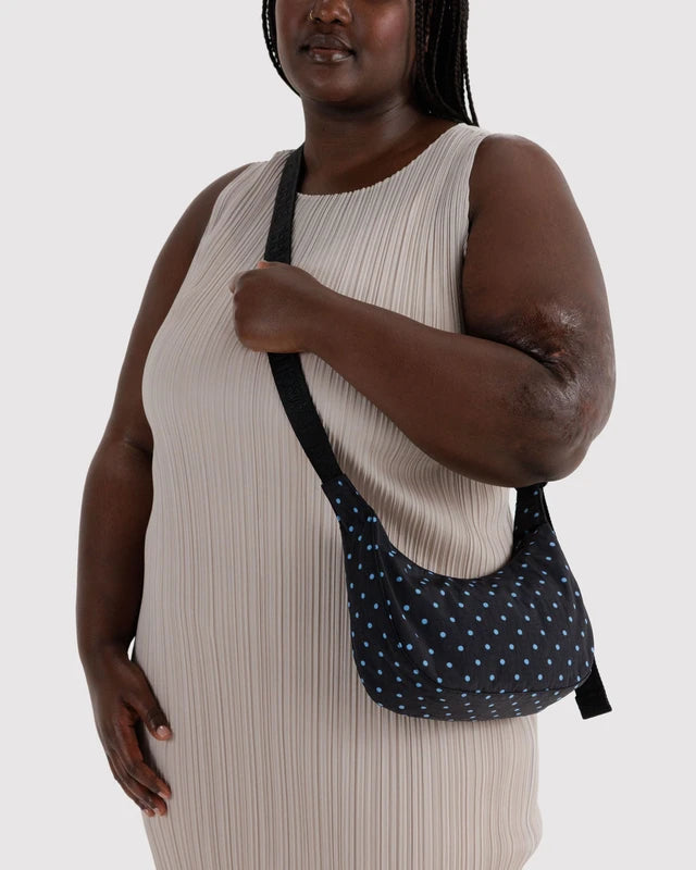 Baggu Small Nylon Crescent Bag in Black & Sky Blue Micro Dot