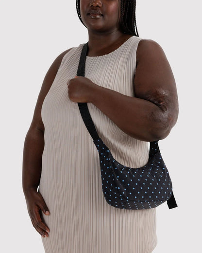 Baggu Small Nylon Crescent Bag in Black & Sky Blue Micro Dot