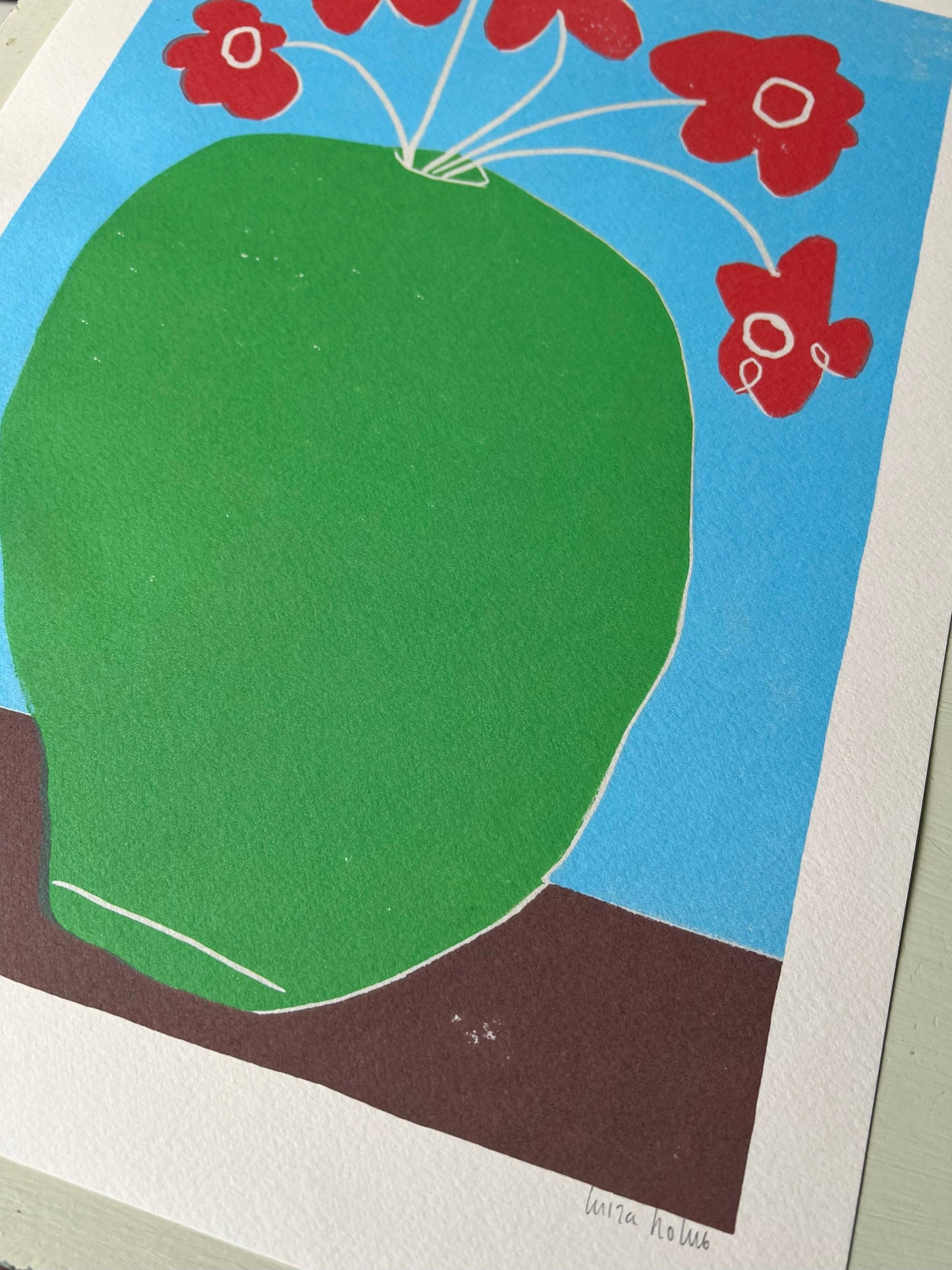 Red Flowers, Green Vase A3 Art Print