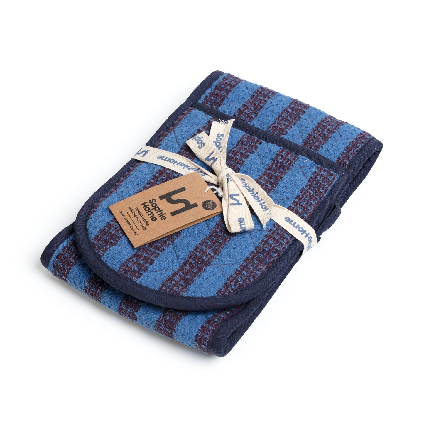 Cotton Double Oven Glove in Cobalt & Burgundy Stripe