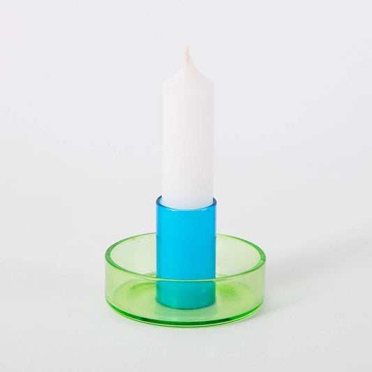 Duo Tone Glass Candle Holder in Green & Blue