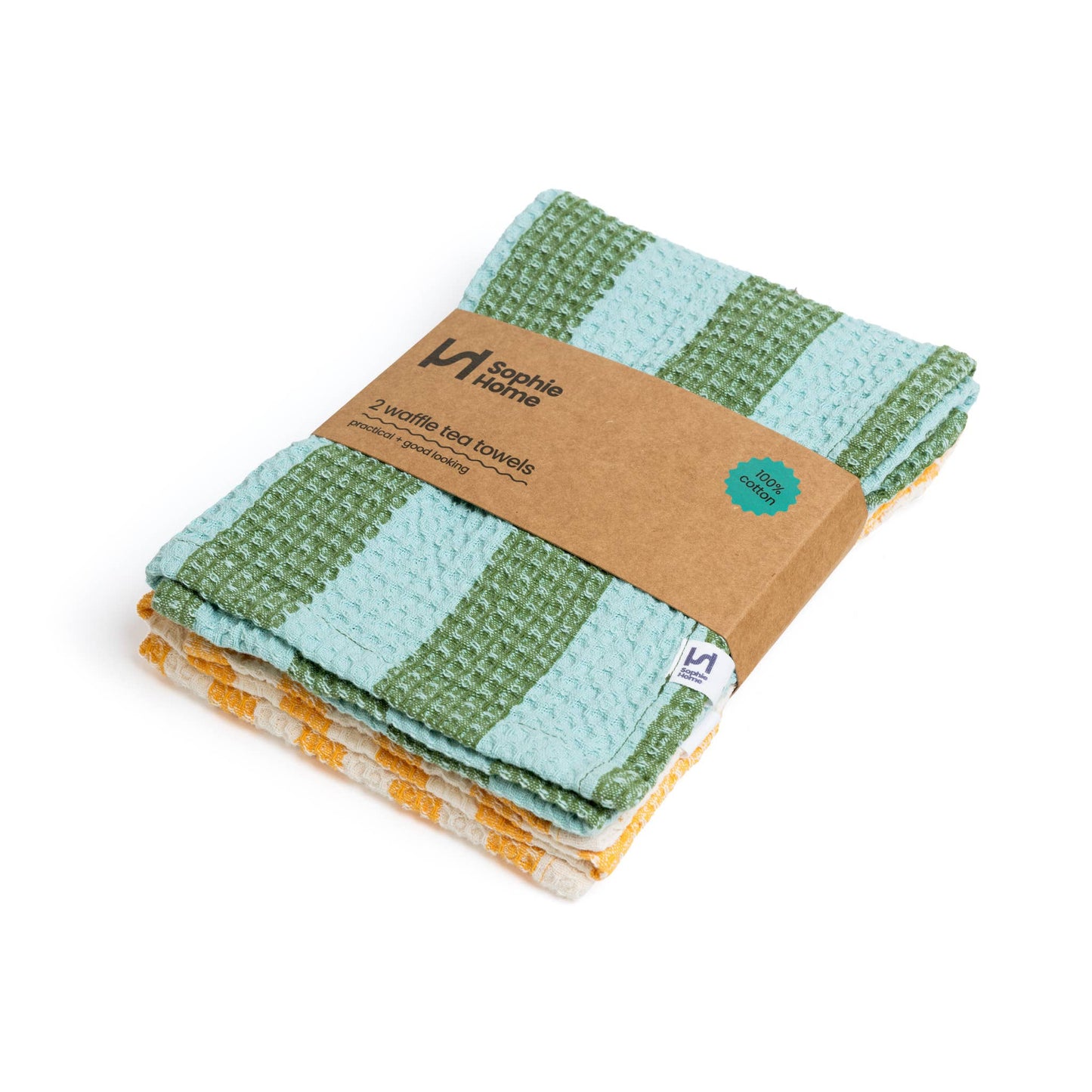Cotton Waffle Tea Towels Pack of 2 in Green & Citrus Stripe