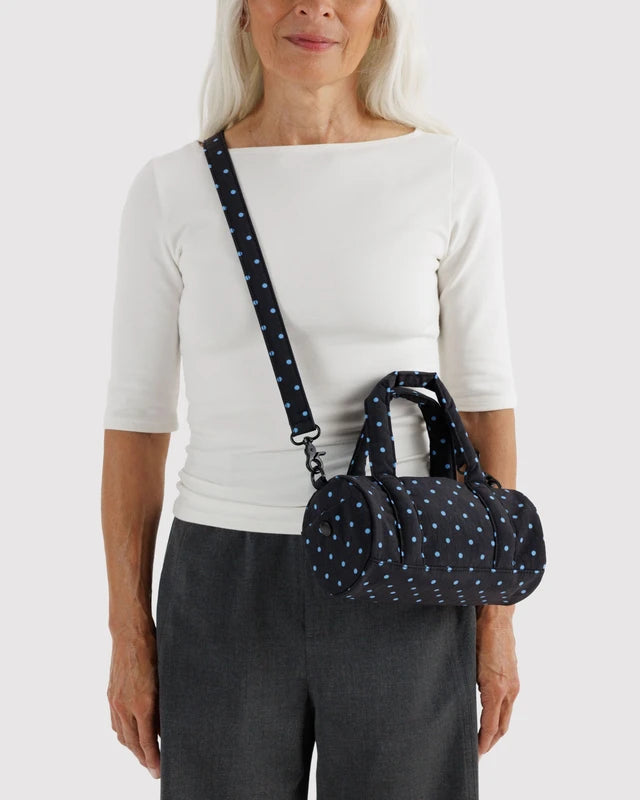 Baggu Small Nylon Duffle Bag in Black & Sky Blue Micro Dot