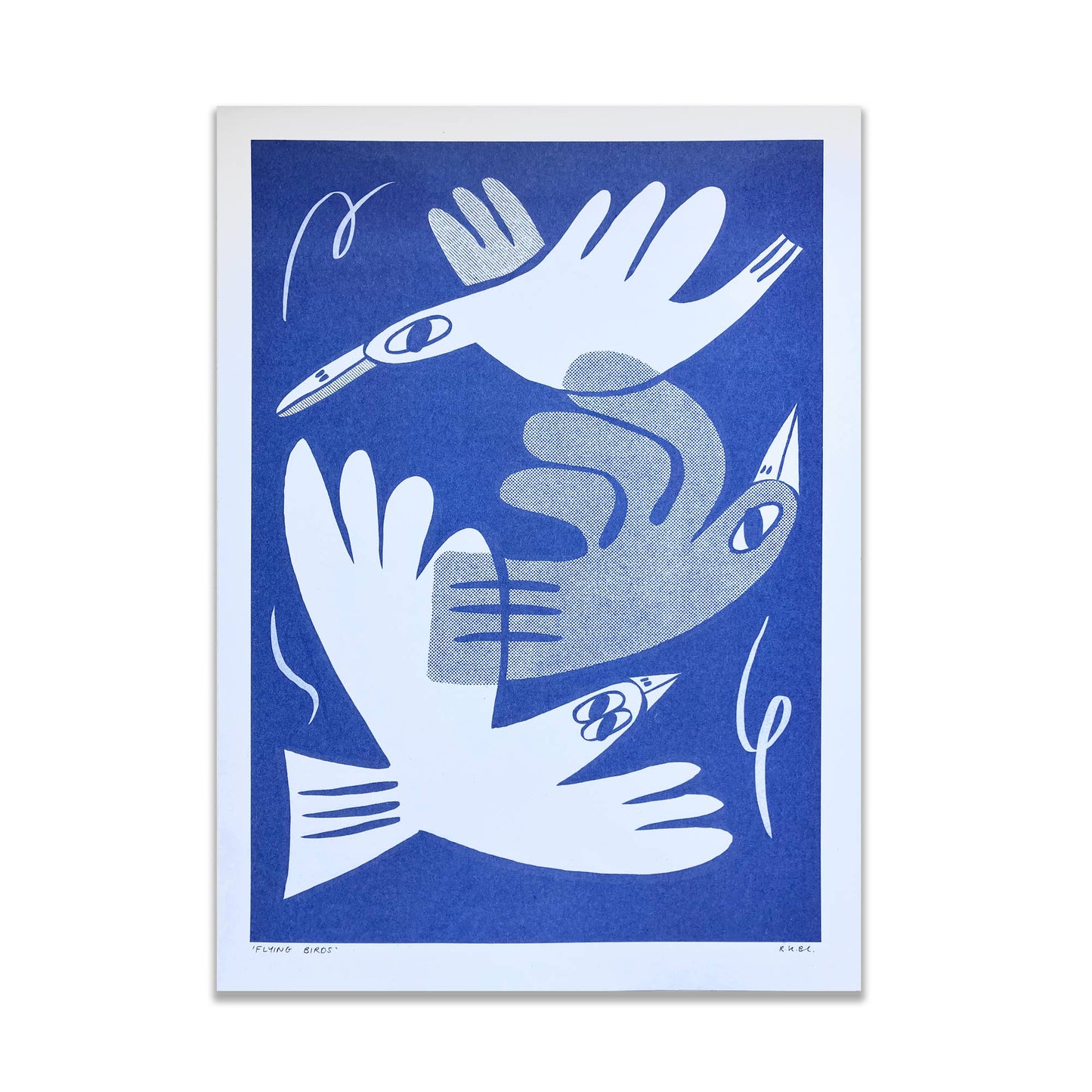 Blue Flying Birds A3 Risograph Art Print