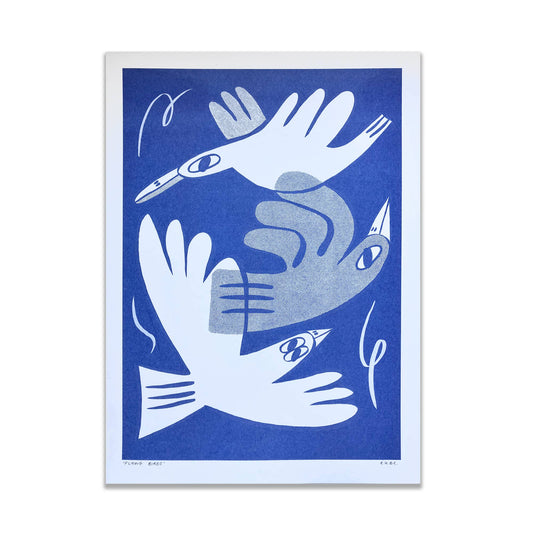 Blue Flying Birds A3 Risograph Art Print