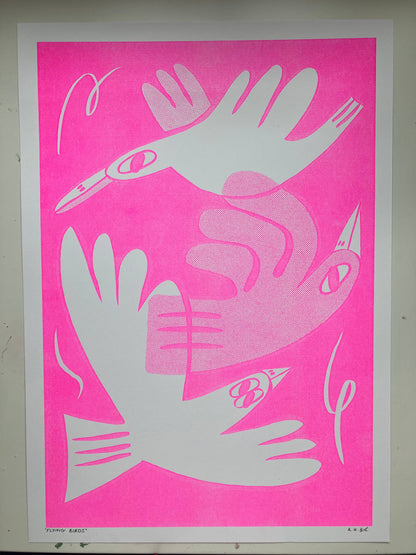 Pink Flying Birds A3 Risograph Art Print