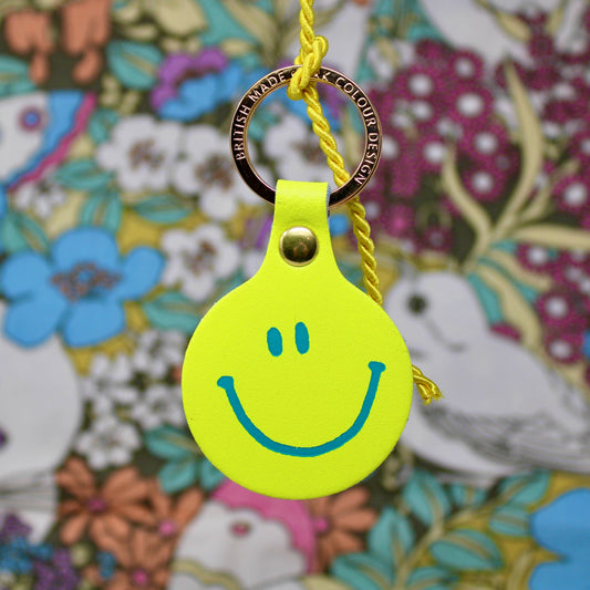 Smiley Face Leather Keyring in Neon Yellow