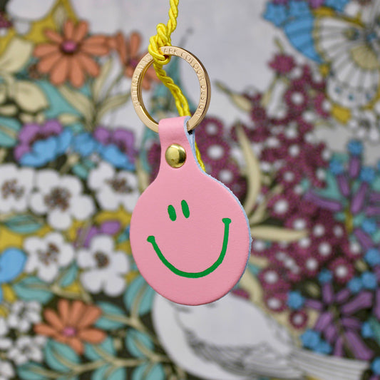Smiley Face Leather Keyring in Pale Pink